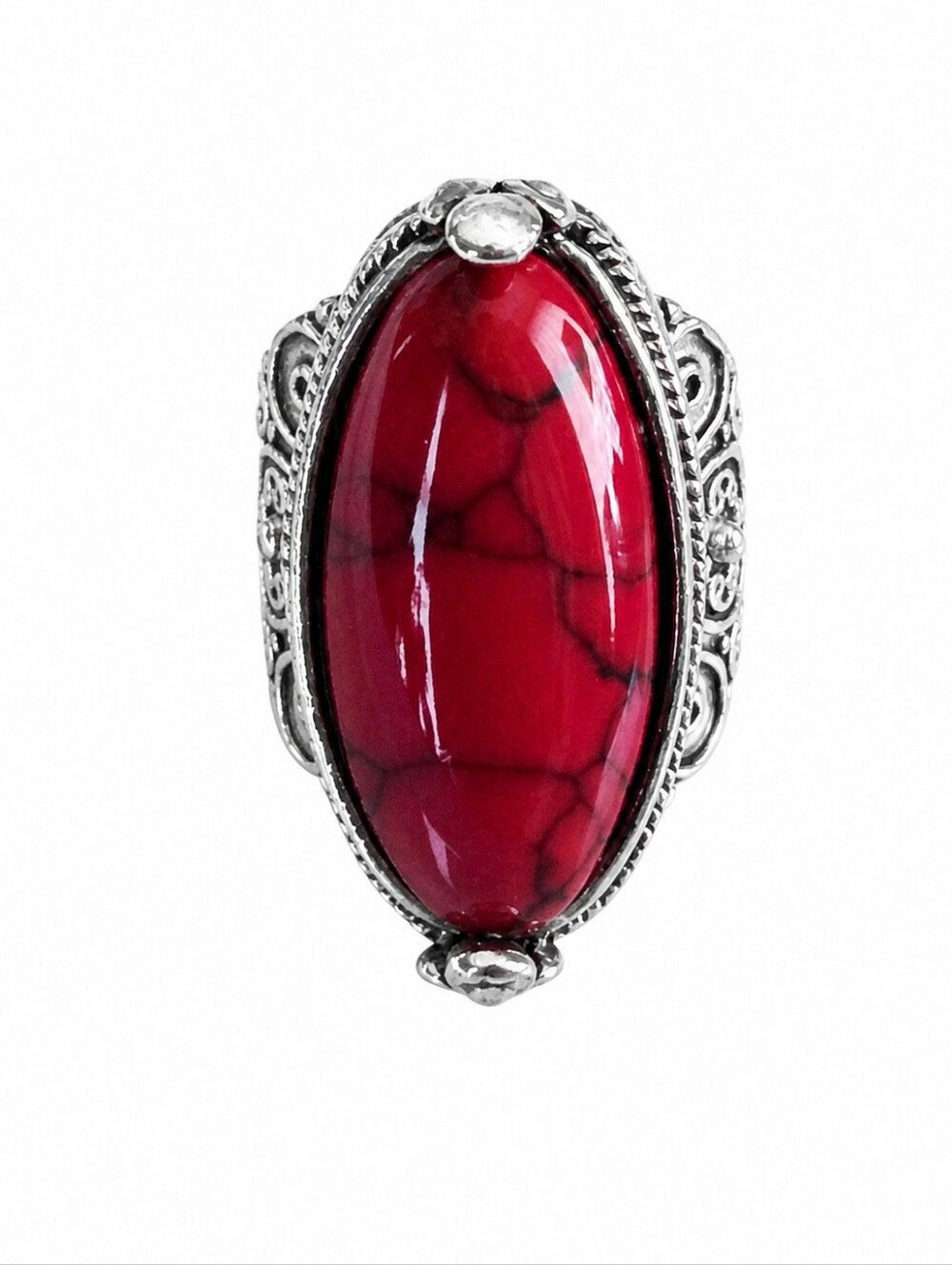 Silver Tone Red Veined Stone Ring Size 7 Filigree Boho Statement Cocktail